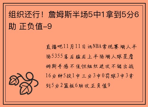 组织还行！詹姆斯半场5中1拿到5分6助 正负值-9